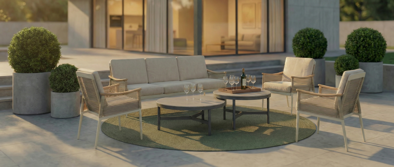 Loungegeruppe auf einem runden, grünen Teppich auf einer Terasse von einem modernen Haus