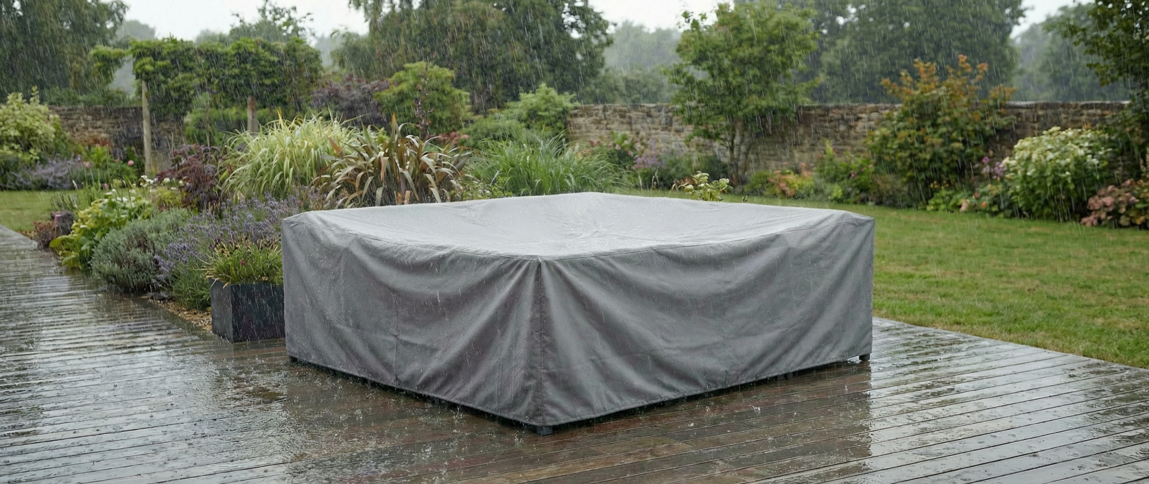 Schutzhülle Eck Loungegruppe L im Regen auf einer Holzterasse im Hintergrund ist der Garten
